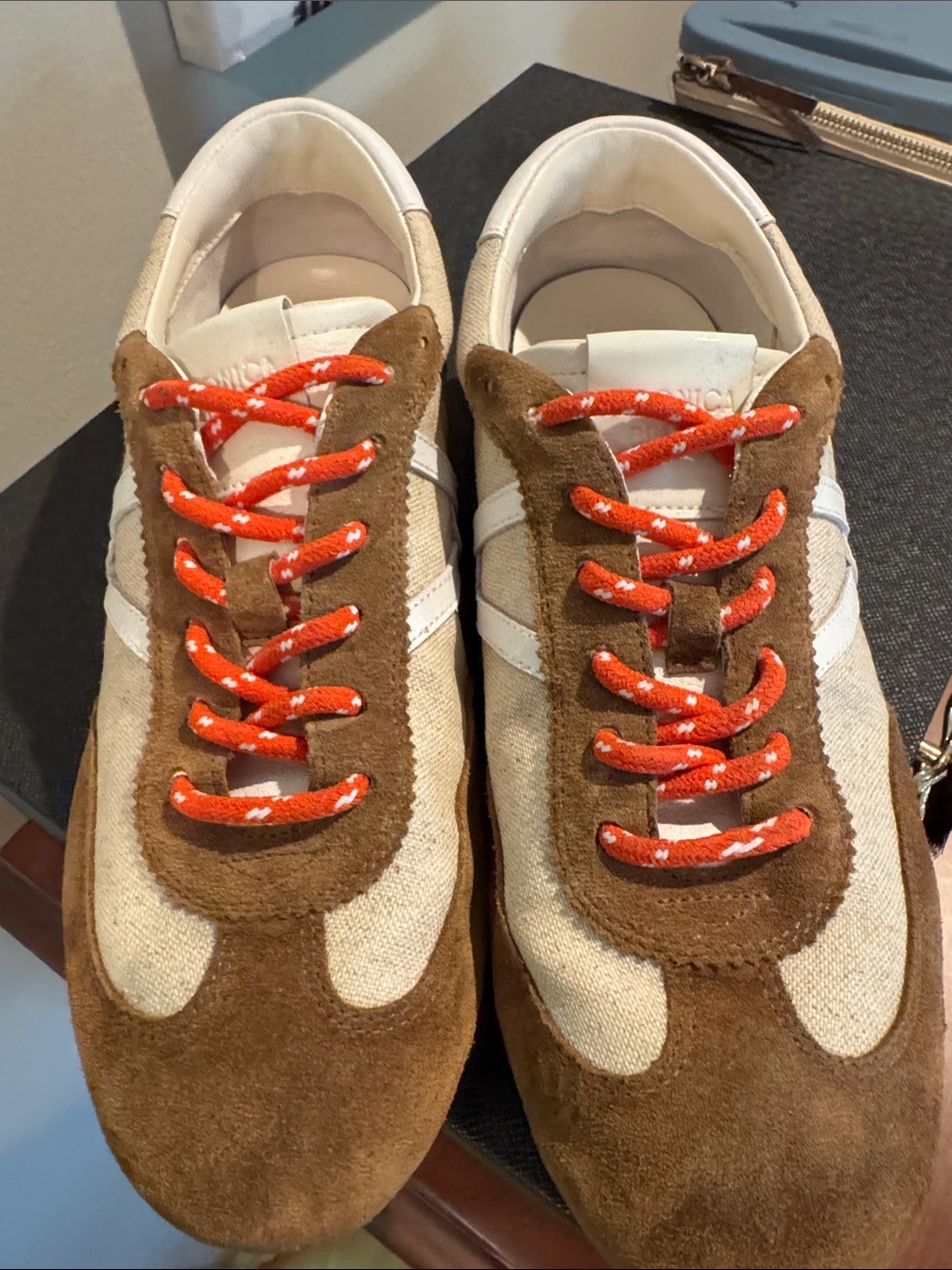 Women's Brown Suede & Canvas Sneakers with Orange Laces